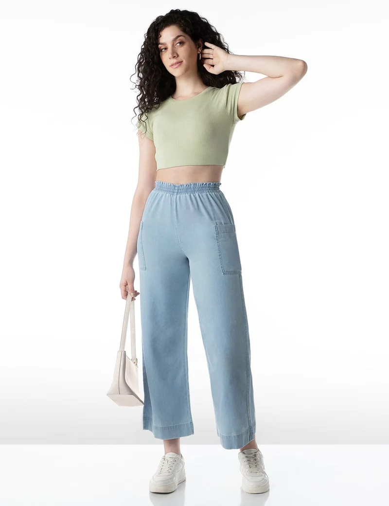inkd Seaside Slate Women's Wide Leg Jeans - High-Rise | 100% Cotton| Enzyme Wash | Elasticated Waistband | Jeans for Women for Women | Best Price UAE